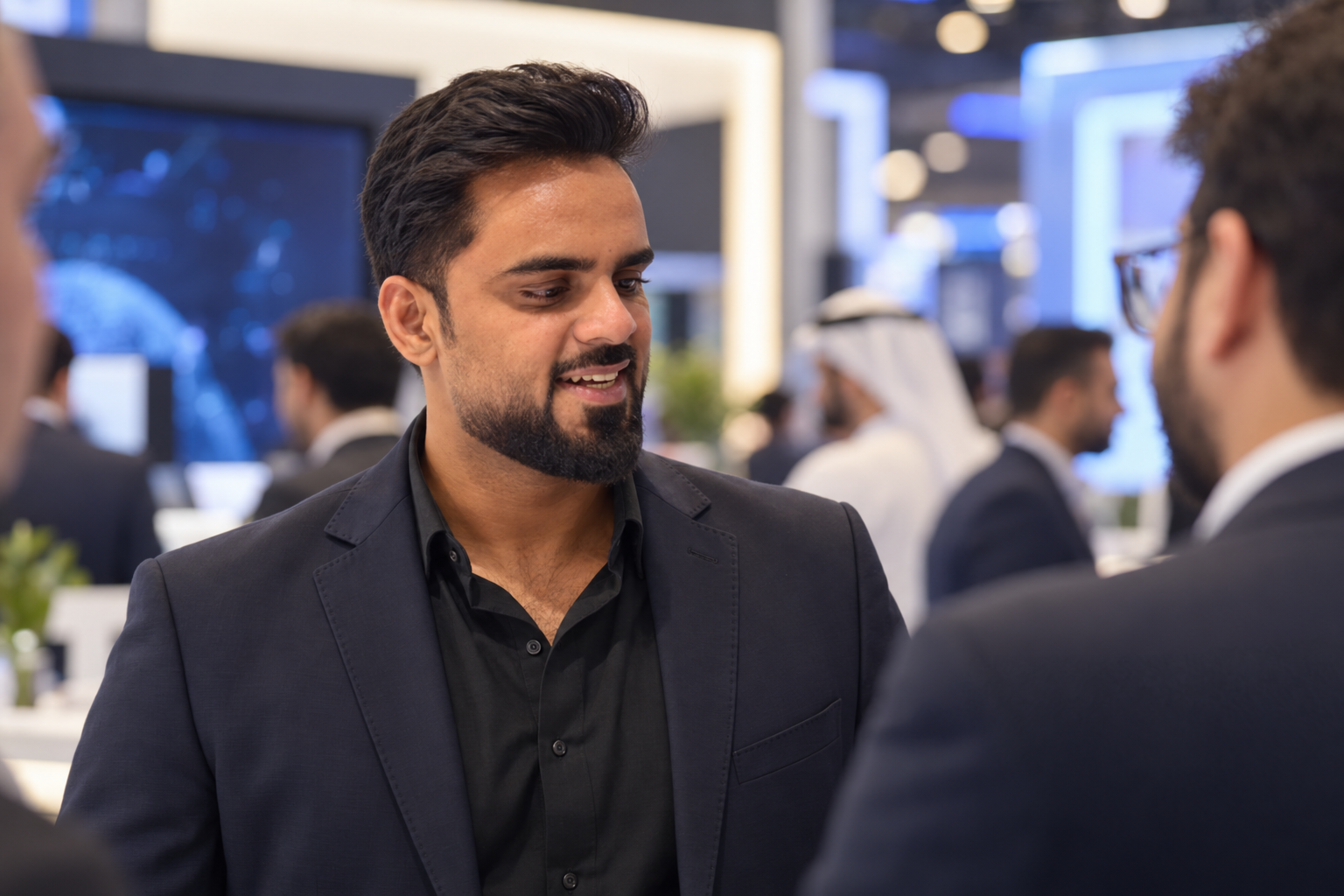 Ahmad Afzal in conversation, wearing a dark blazer.