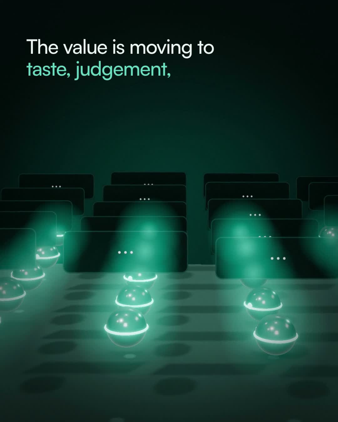 Video still showing repeated glowing globes beside the words taste and judgement, illustrating AI monoculture.
