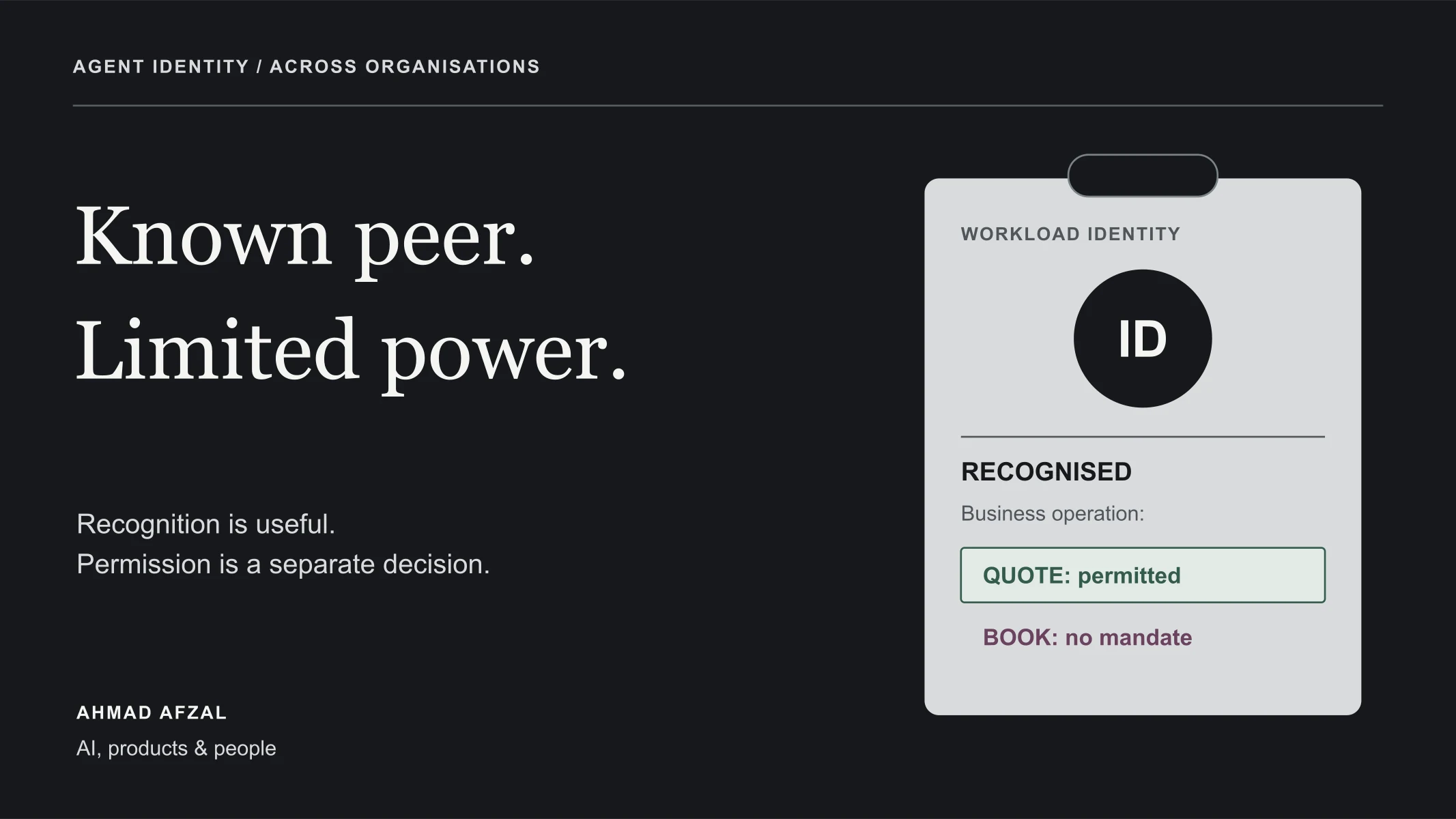 Editorial illustration reading Known peer. Limited power., with a workload identity badge permitting quotes but not bookings.