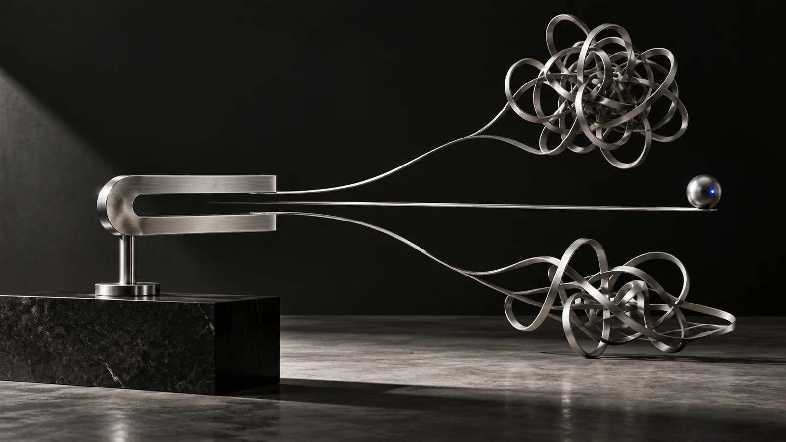 Sculptural silver paths diverging against a black background, illustrating a choice between an elaborate detour and a direct route.